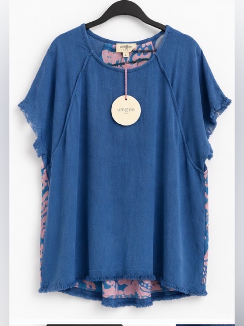 Umgee NWT Blue Linen Cotton Floral Contrast Back Top Large